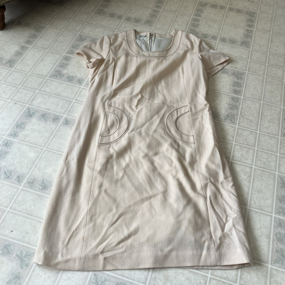 Boden ivory Wool Short Sleeve Sheath Midi Dress 14 Long tan stitching No Slit